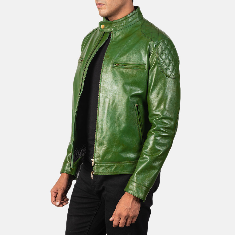 Green leather motorcycle jacket top