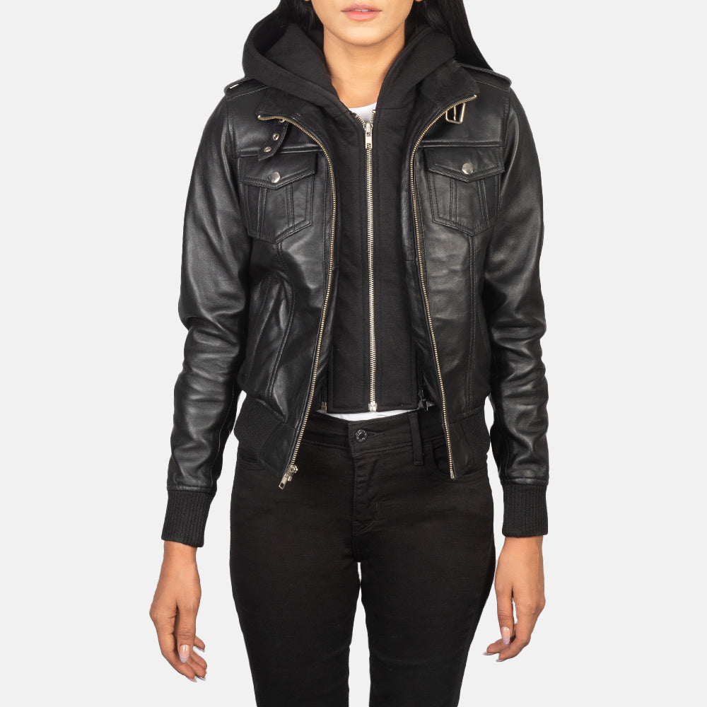 Ladies leather jacket with hoodie store