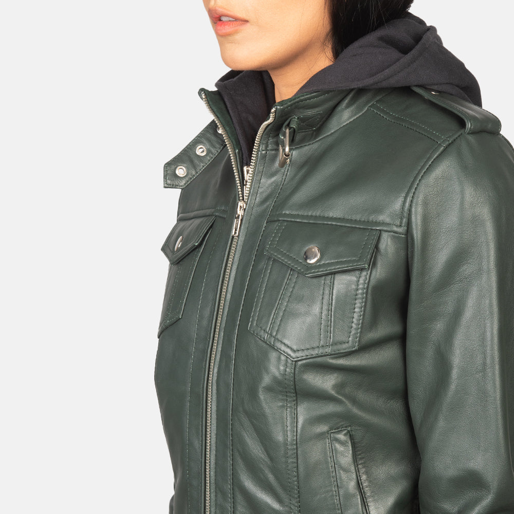 Women s Roslyn Green Hooded Leather Bomber Jacket The Jacket Maker